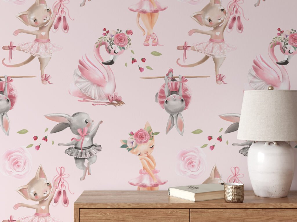 Watercolor Cute Pink Princess Ballerina Bunny And Cats Illustration Wallpaper, Enchanting Ballet Animals Peel & Stick Wall Mural