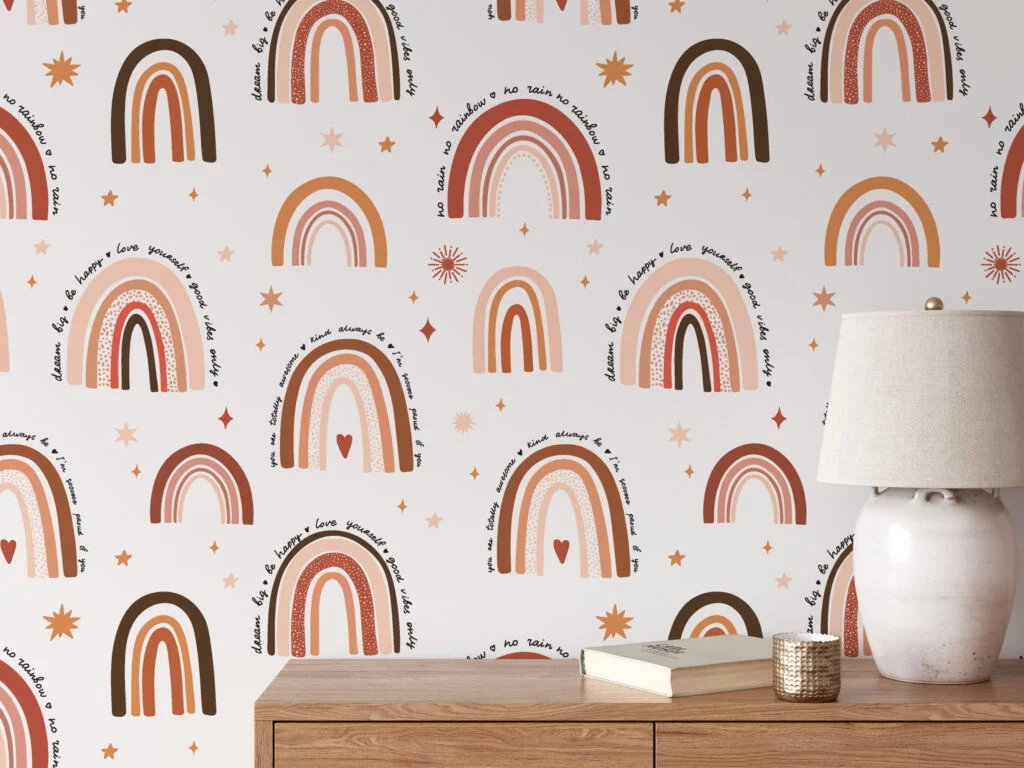 Nursery Boho Rainbows With Stars Pattern Illustration Wallpaper, Warm Abstract Kids Room Peel & Stick Wall Mural