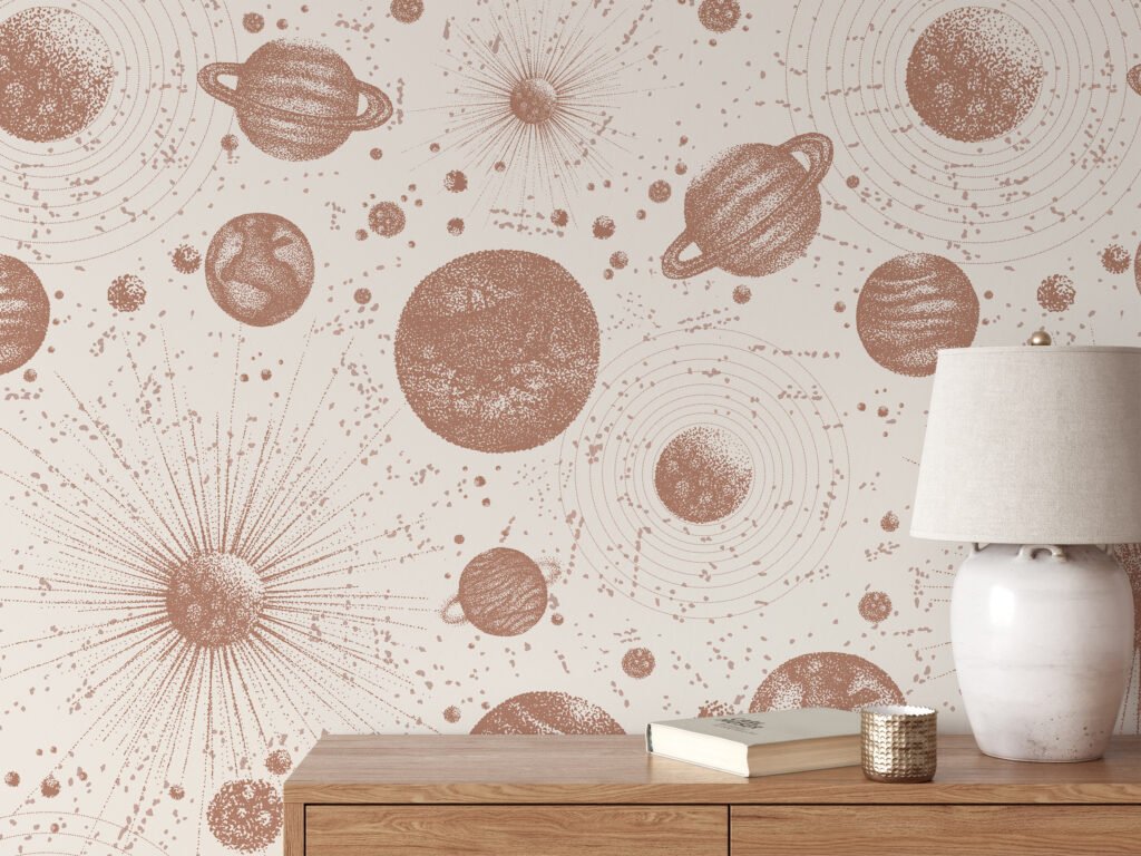 Beige Solar Planets Astrology Pattern Illustration Wallpaper, Cosmic Elegant Peel & Stick Wall Mural
