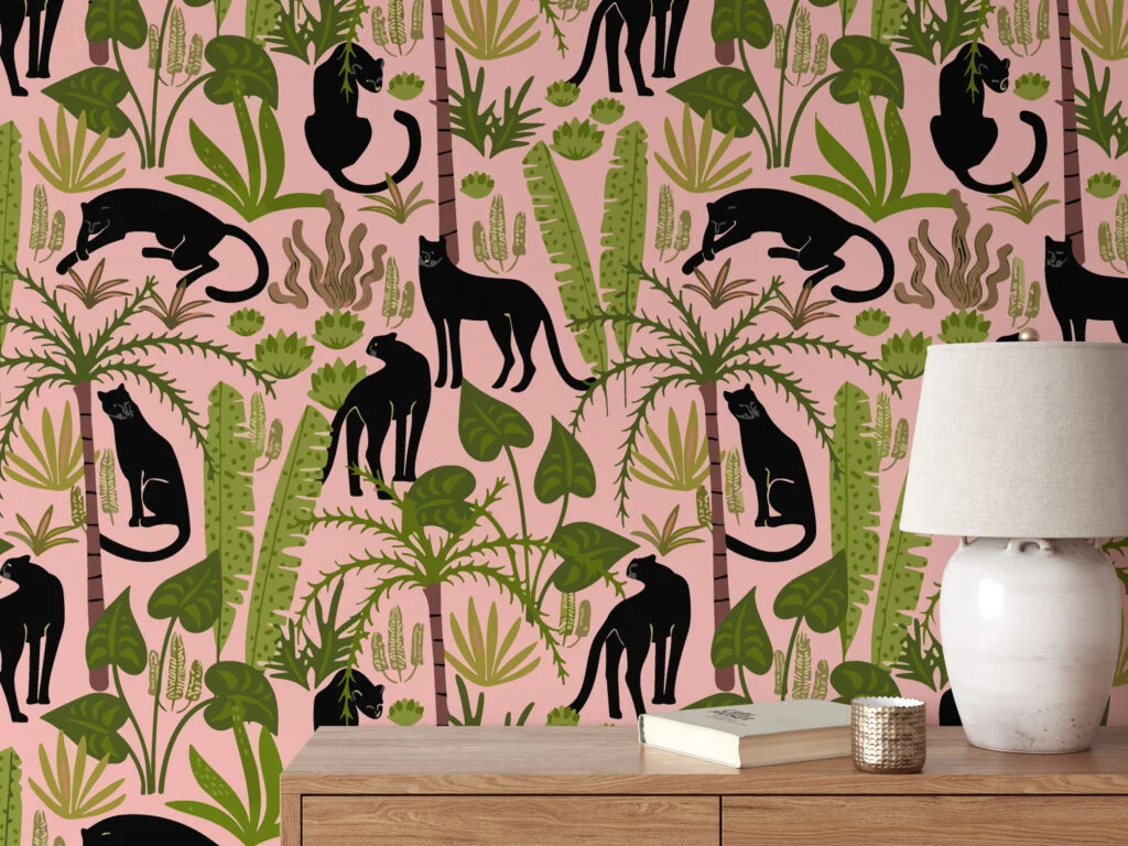 Flat Art Pink Jungle With Panthers Illustration Wallpaper, Prowling Black Panthers Peel & Stick Wall Mural