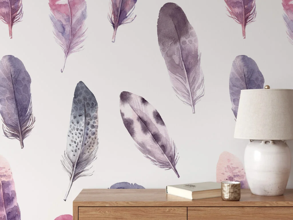 Watercolor Pastel Feathers Pattern Wallpaper, Whispering Soft Feathers Peel & Stick Wall Mural