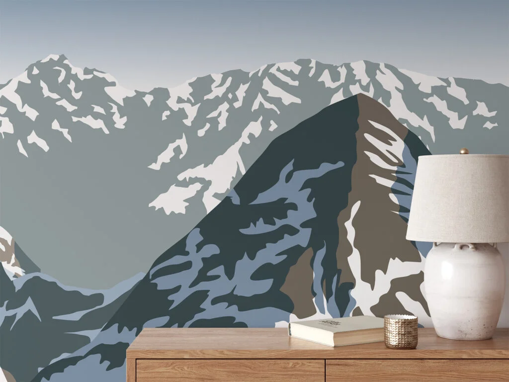 Flat Art Snowy Mountains Illustration Wallpaper, Abstract Landscape Peel & Stick Wall Mural