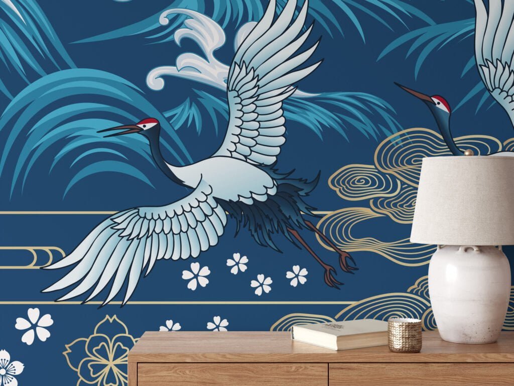 Traditional Blue Wallpaper With Large Cranes And Waves Illustration, Elegant Crane & Wave Peel & Stick Wall Mural