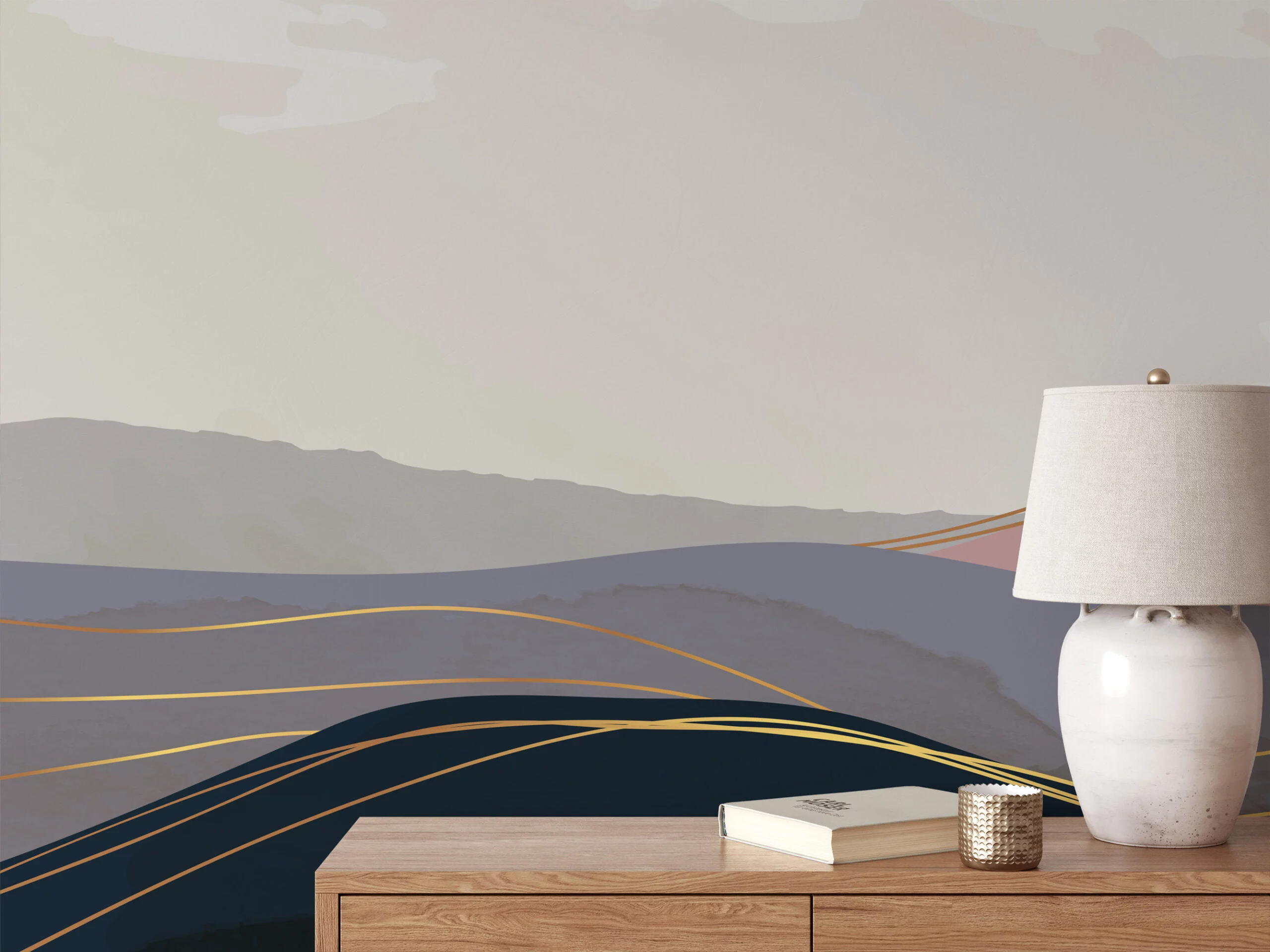 Abstract Minimalistic Desert Illustration Wallpaper, Sunrise Mountains Peel & Stick Wall Mural