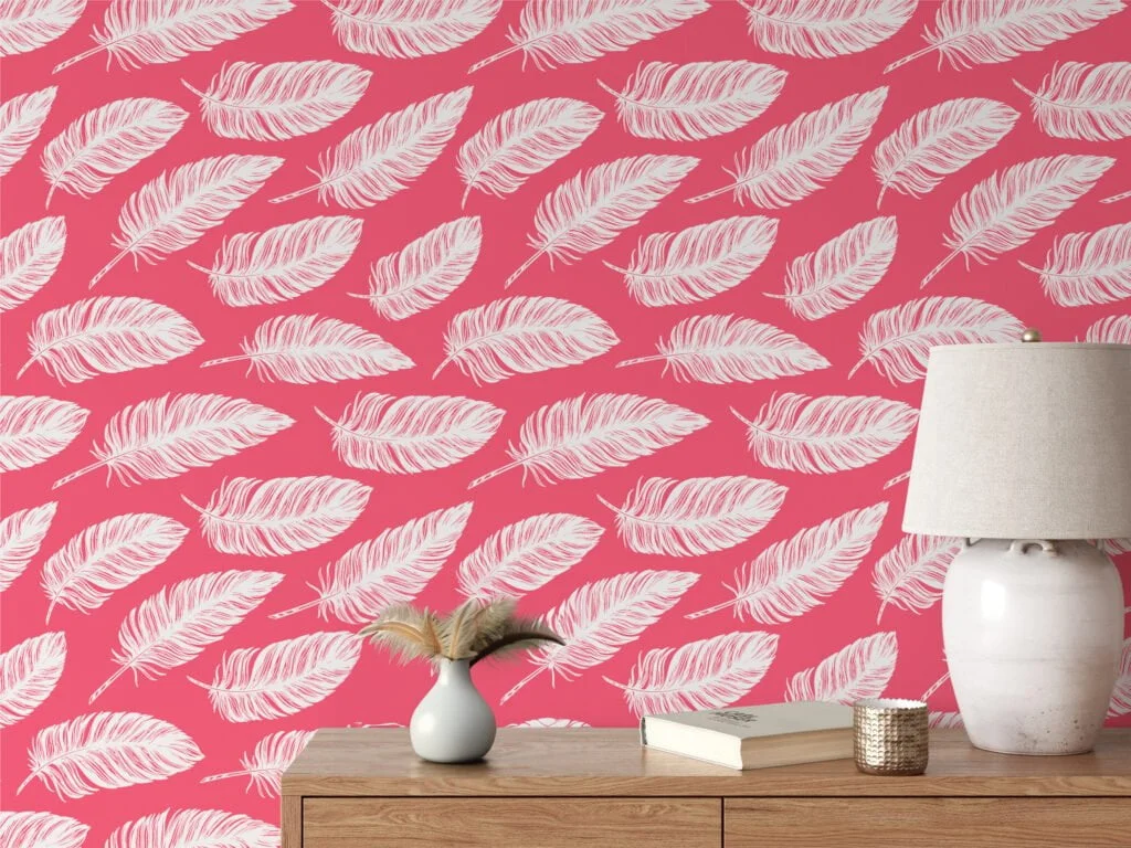 White Feathers Pattern Line Art With A Punch Pink Background Wallpaper, Contemporary Peel & Stick Wall Mural