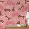Flat Art Pink Tropical Trees With Tigers Illustration Wallpaper, Whimsical Kids Tropical Peel & Stick Wall Mural