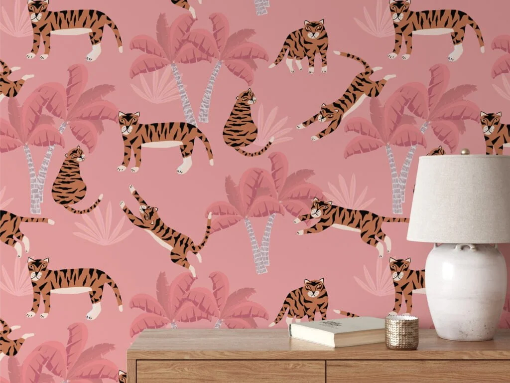 Flat Art Pink Tropical Trees With Tigers Illustration Wallpaper, Whimsical Kids Tropical Peel & Stick Wall Mural