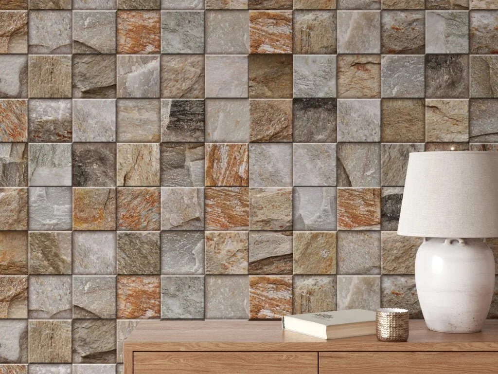 Mosaic Style Brick Wall Square Tiles Wallpaper, Rustic And Natural Peel & Stick Wall Mural