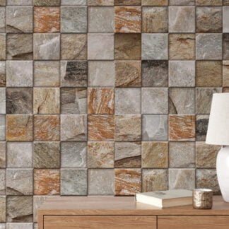 Mosaic Style Brick Wall Square Tiles Wallpaper, Rustic And Natural Peel & Stick Wall Mural