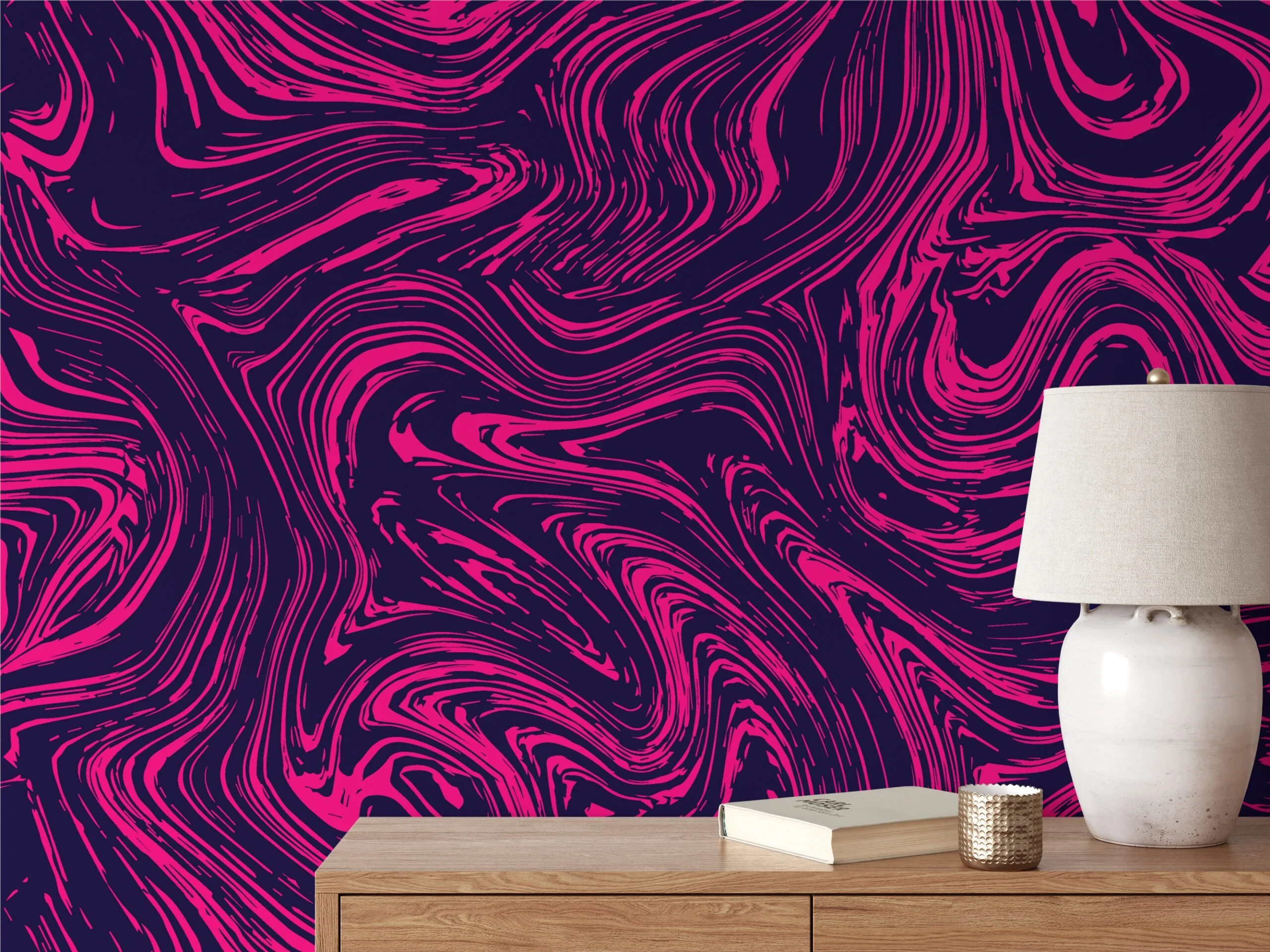 Hot Pink And Dark Purple Abstract Swirls Illustration Wallpaper, Luxurious Abstract Ink Design Peel & Stick Wall Mural
