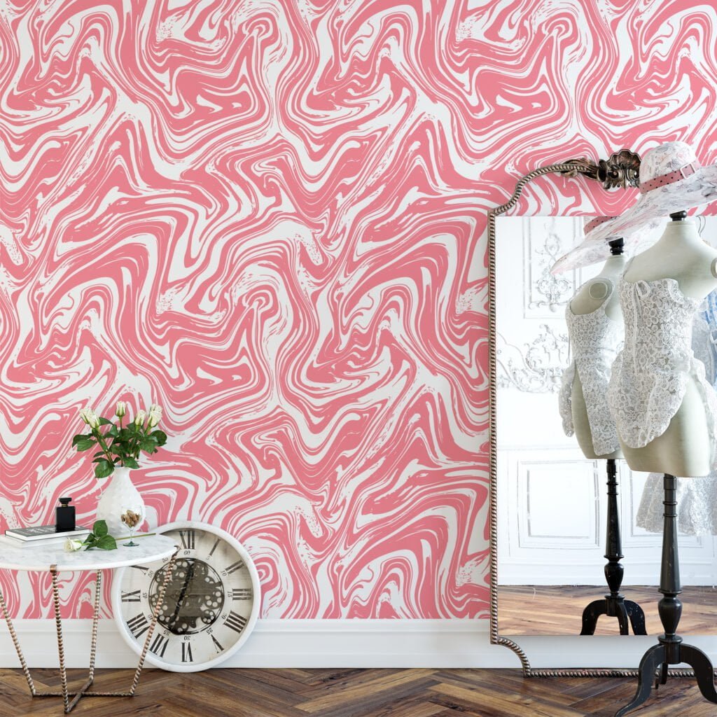 Peach Pink Swirl Design Illustration Wallpaper, Fluid Abstract Peel & Stick Wall Mural
