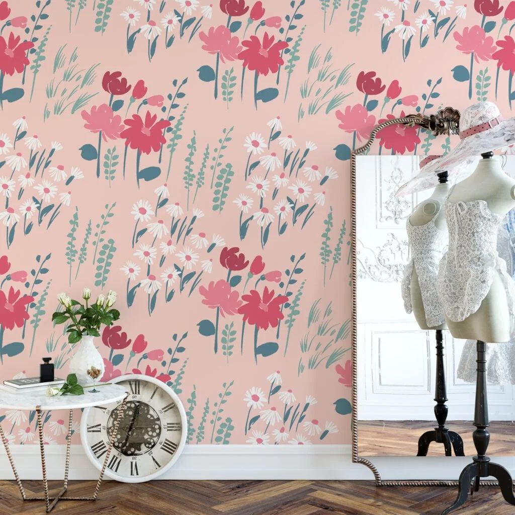 Pink Flat Art Flowers And Bouquets Illustration Wallpaper, Blushing Florals Peel & Stick Wall Mural