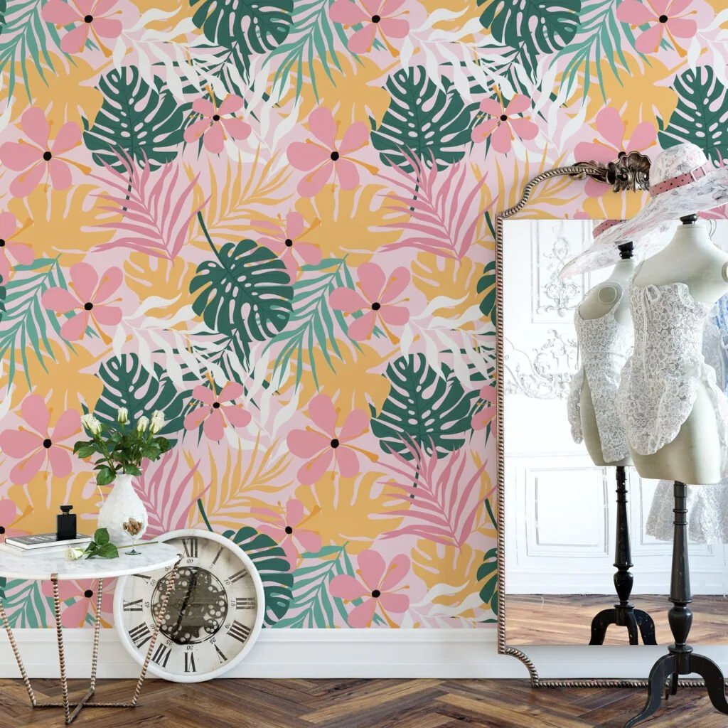 Tropical Pink Green Yellow Monstera Leaves And Flowers Illustration Wallpaper, Tropical Bliss Peel & Stick Wall Mural