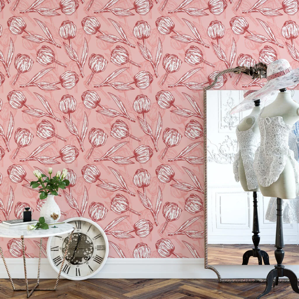 Vintage Floral Line Art Peach Pink Tulips Wallpaper, Delicate Tulip Sketches Peel & Stick Wall Mural