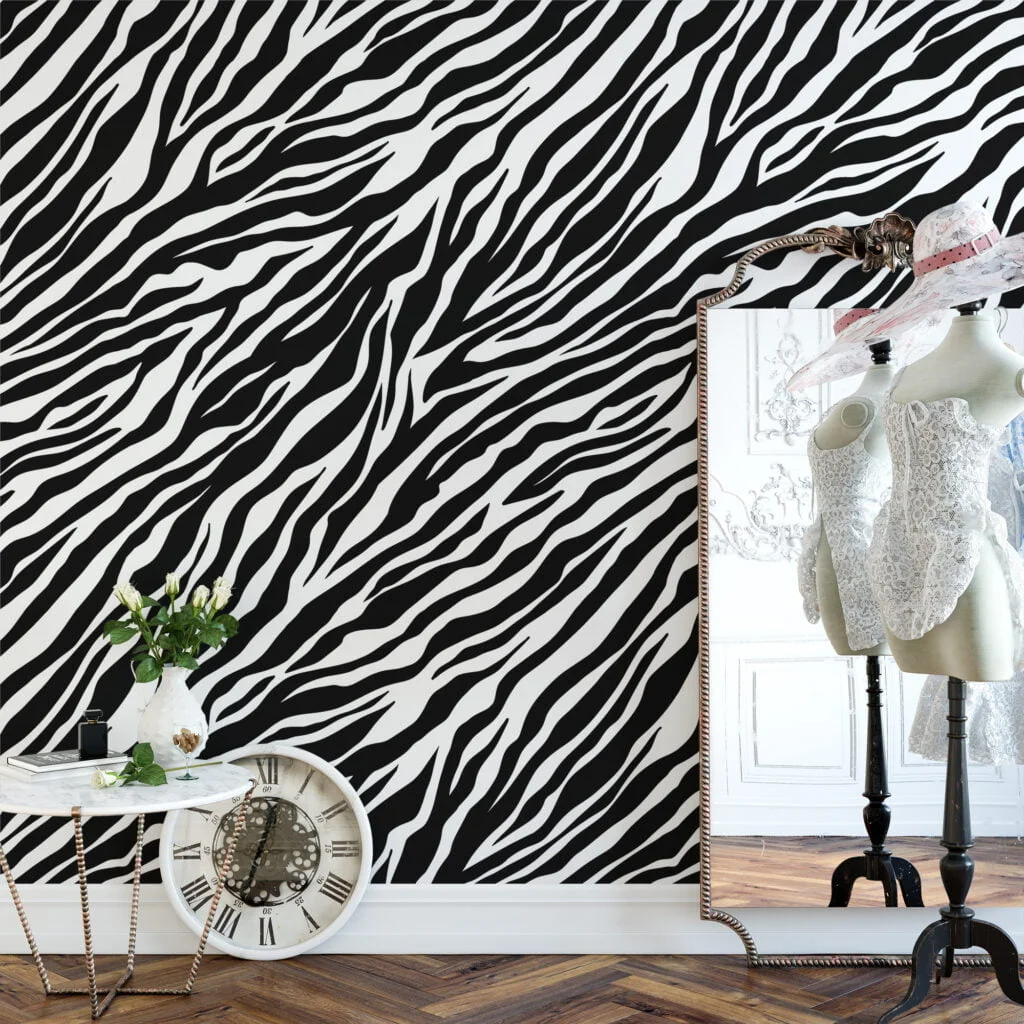 Zebra Skin Print Pattern Illustration Wallpaper, Classic Black & White Stripe Design Peel & Stick Wall Mural