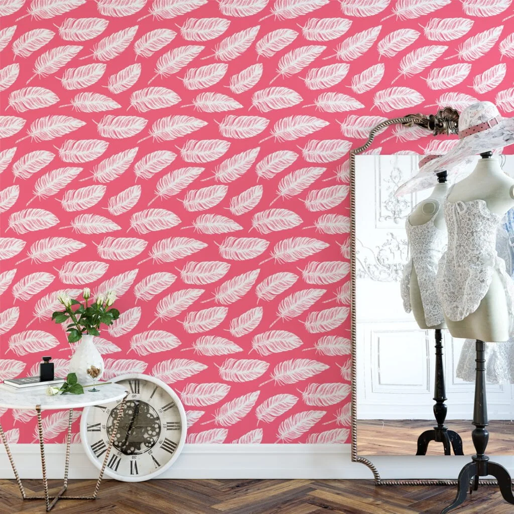 White Feathers Pattern Line Art With A Punch Pink Background Wallpaper, Contemporary Peel & Stick Wall Mural