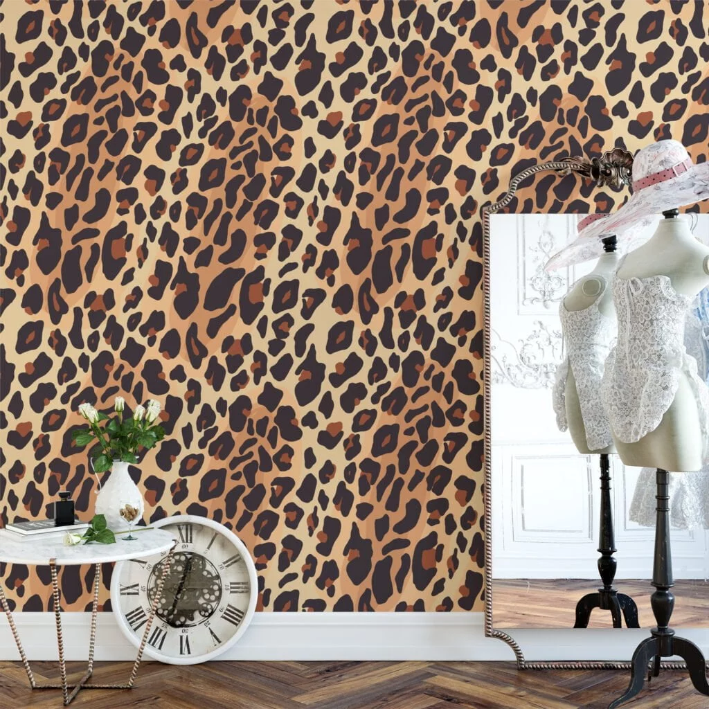 Leopard Skin Print Pattern Illustration Wallpaper, Chic Animal Print Peel & Stick Wall Mural