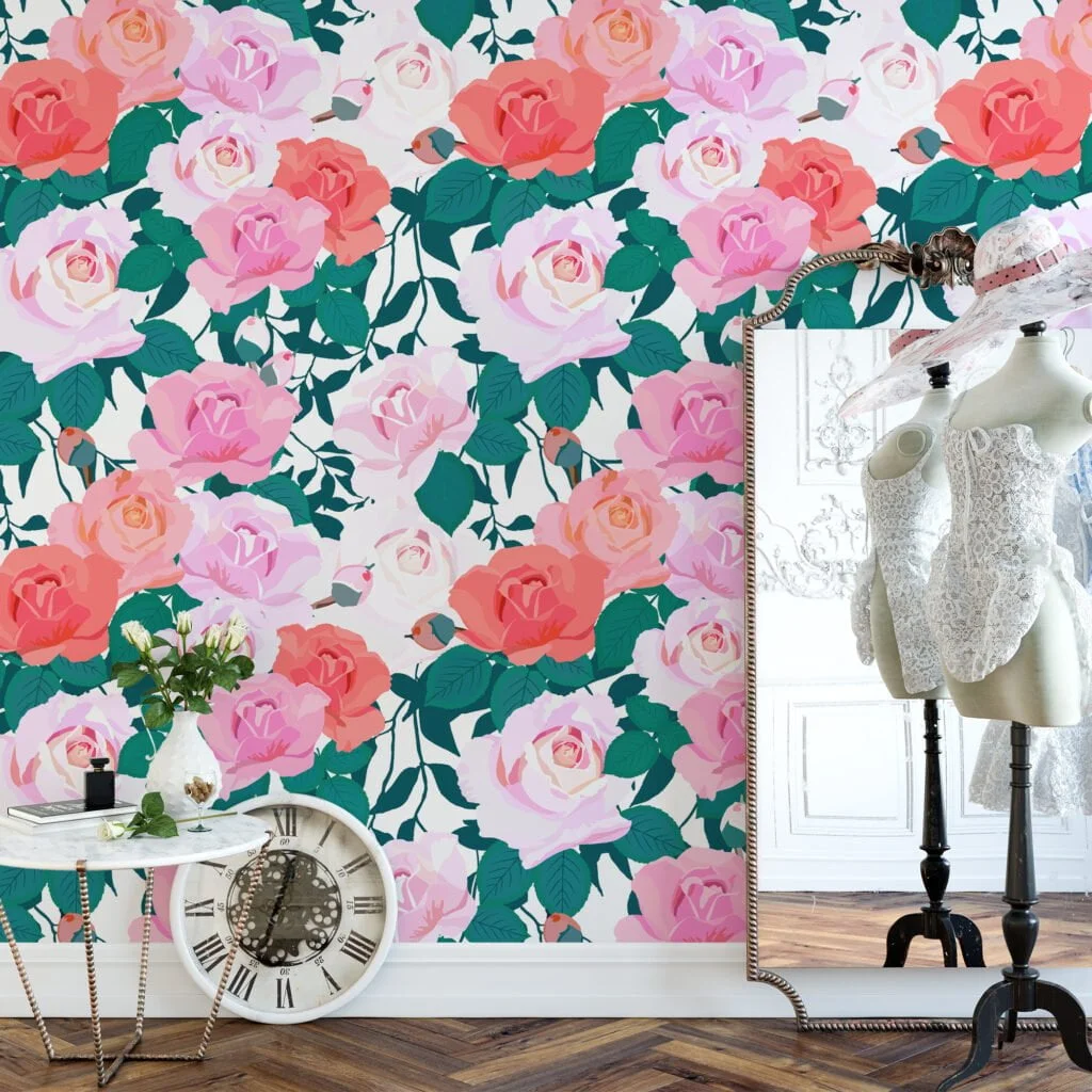 Floral Roses Flat Art Illustration Wallpaper, Romantic Rose Garden Peel & Stick Wall Mural