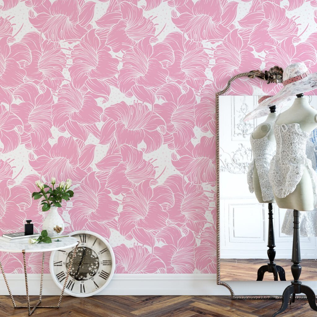 Large Pastel Pink Abstract Flowers Illustration Wallpaper, Elegant Soft Floral Peel & Stick Wall Mural