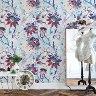 Floral Paisley Pattern With Hummingbirds Illustration Wallpaper, Whimsical Birds and Florals Peel & Stick Wall Mural