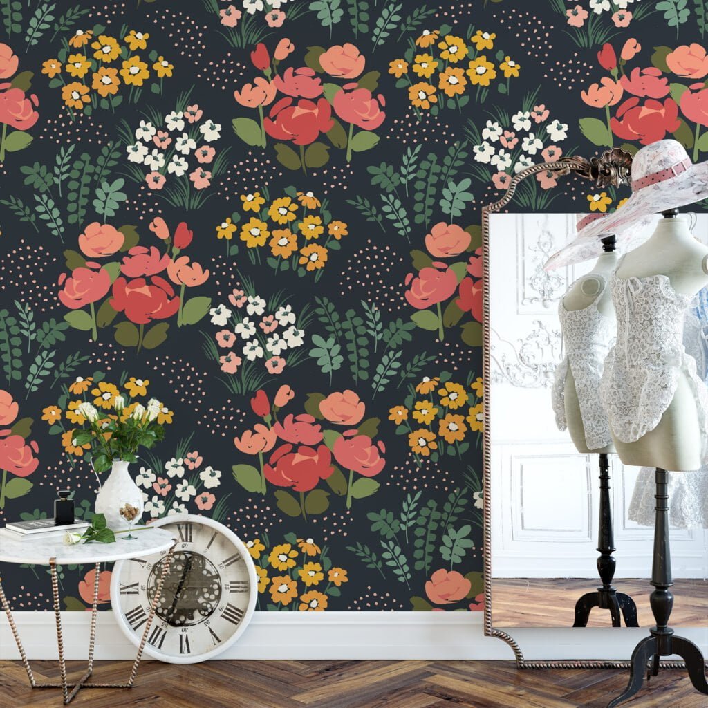 Midnight Flat Art Flowers And Bouquets Illustration Wallpaper, Vintage Bouquets On Black Peel & Stick Wall Mural