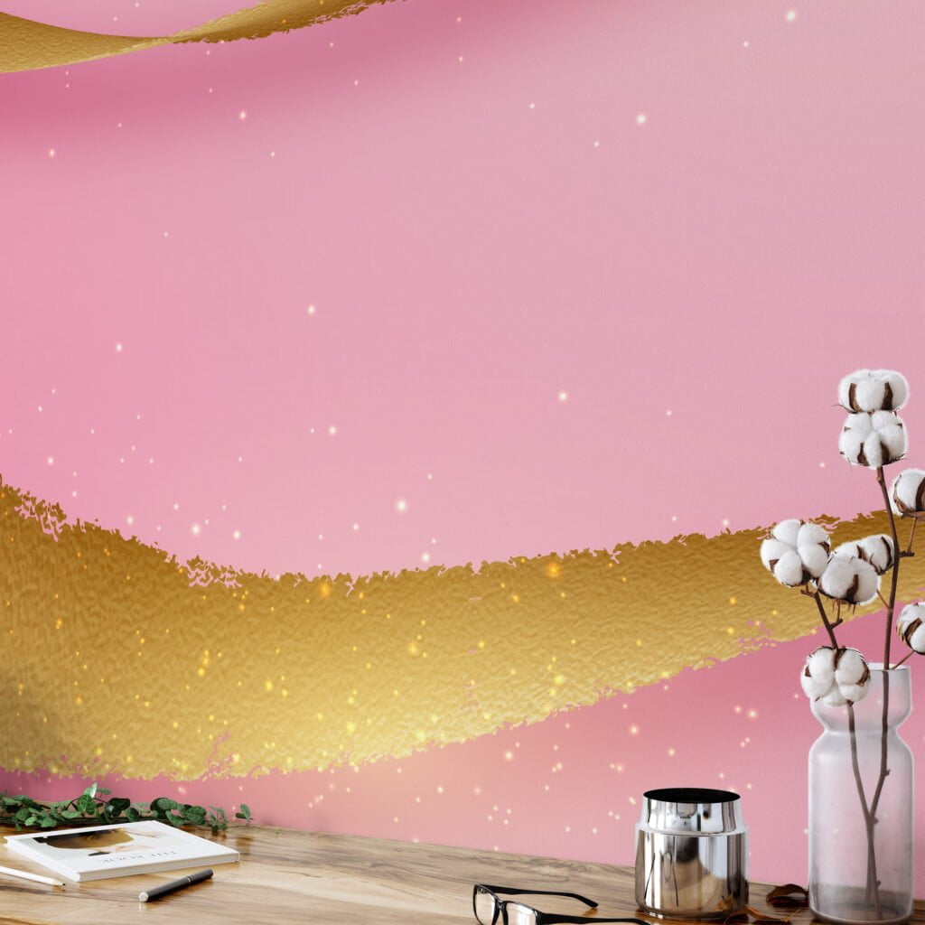 Large Pink Background With Golden Waves and Sparks Wallpaper, Luxury Abstract Peel & Stick Wall Mural