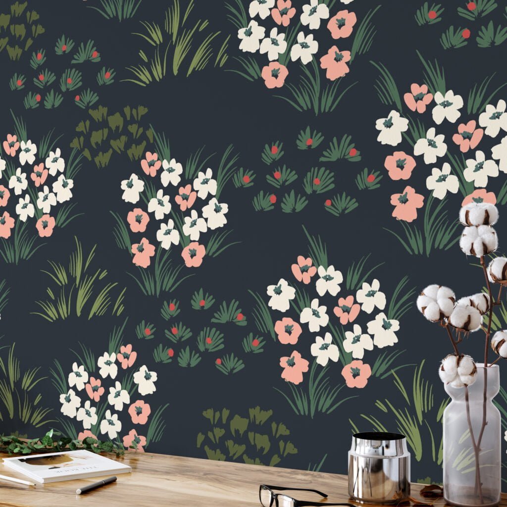 Flat Art Flower Bouquets With A Dark Background Illustration Wallpaper, Midnight Meadow Florals Peel & Stick Wall Mural