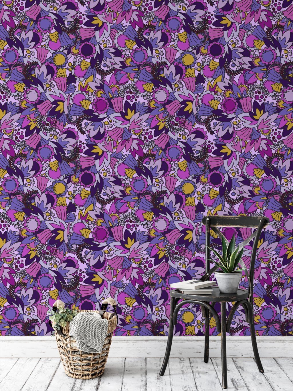 Purple Shades Floral Illustration Wallpaper, Bold and Contemporary Design Peel & Stick Wall Mural