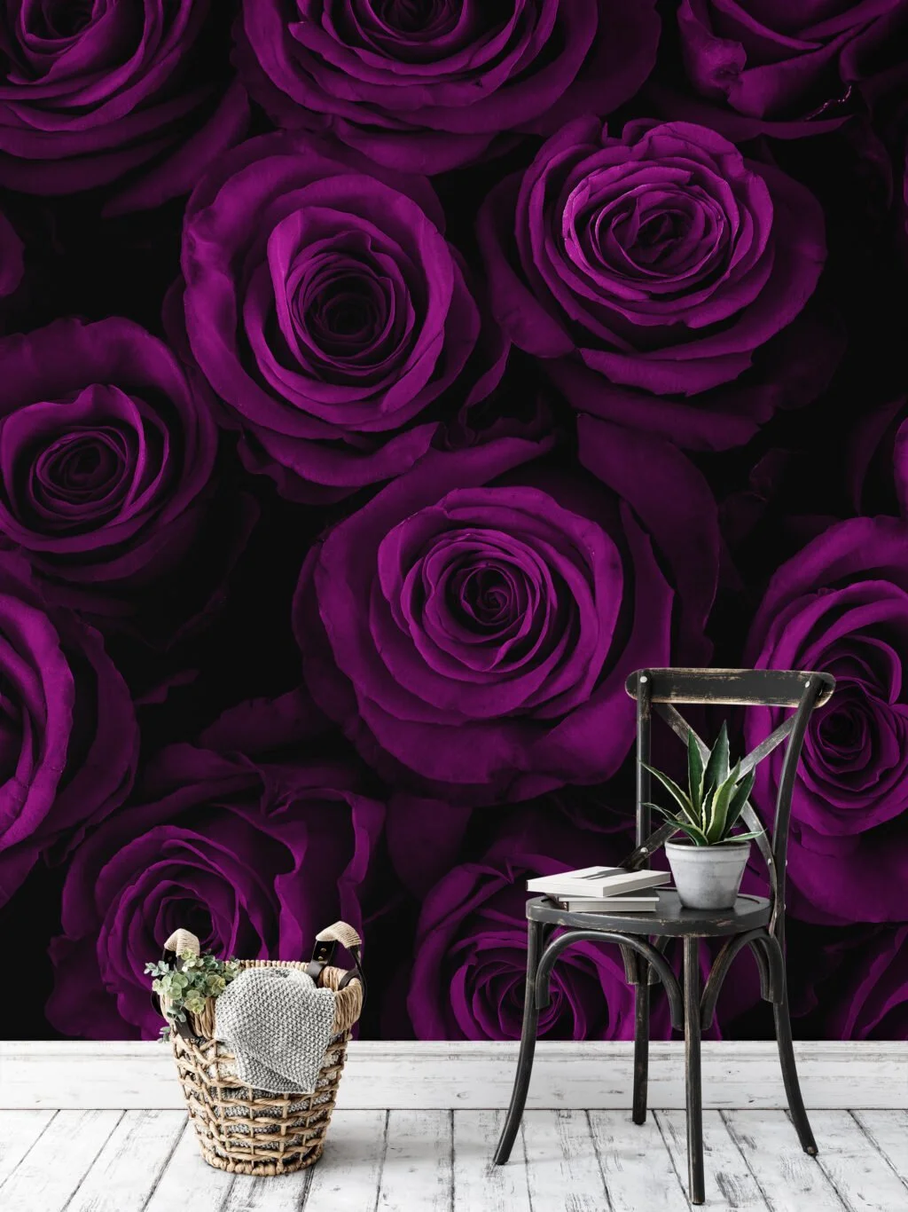 Floral Deep Purple Roses Wallpaper, Midnight Velvet Roses Peel & Stick Wall Mural