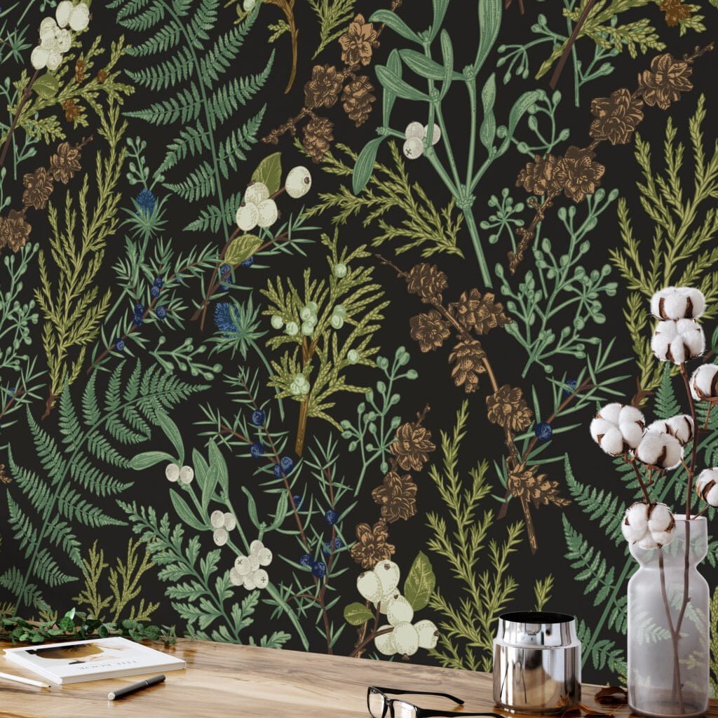 Vintage Style Plants And Leaves With Berries Wallpaper, Dark Botanical Peel & Stick Wall Mural