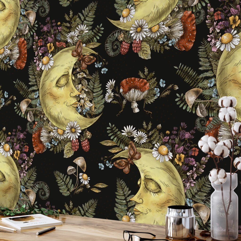 Mystical Floral Moon With Face On A Dark Background Illustration Wallpaper, Celestial Forest Peel & Stick Wall Mural