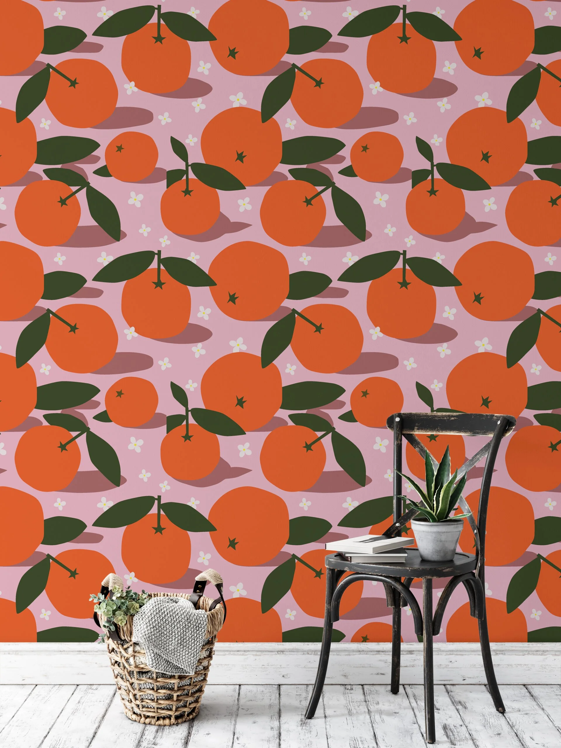 Flat Art Oranges Pattern Illustration Wallpaper, Cheerful Citrus Orchard Peel & Stick Wall Mural