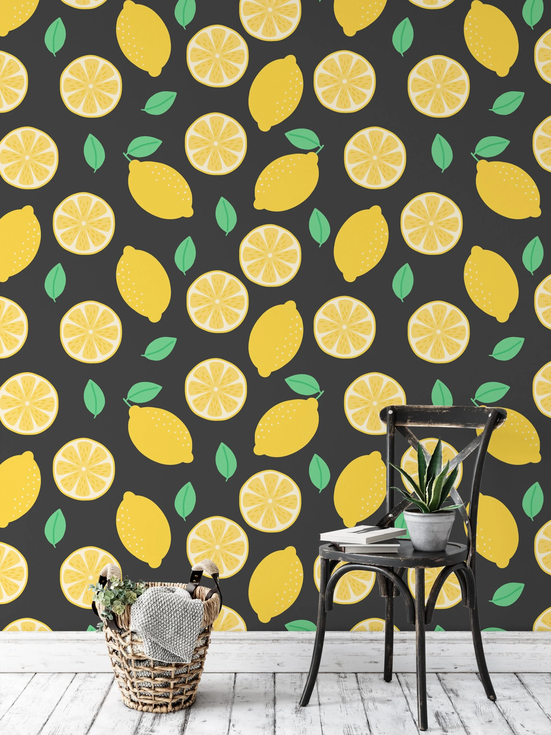 Flat Art Lemon Pattern With Mint Background Wallpaper, Lively Lemon Orchard Peel & Stick Wall Mural