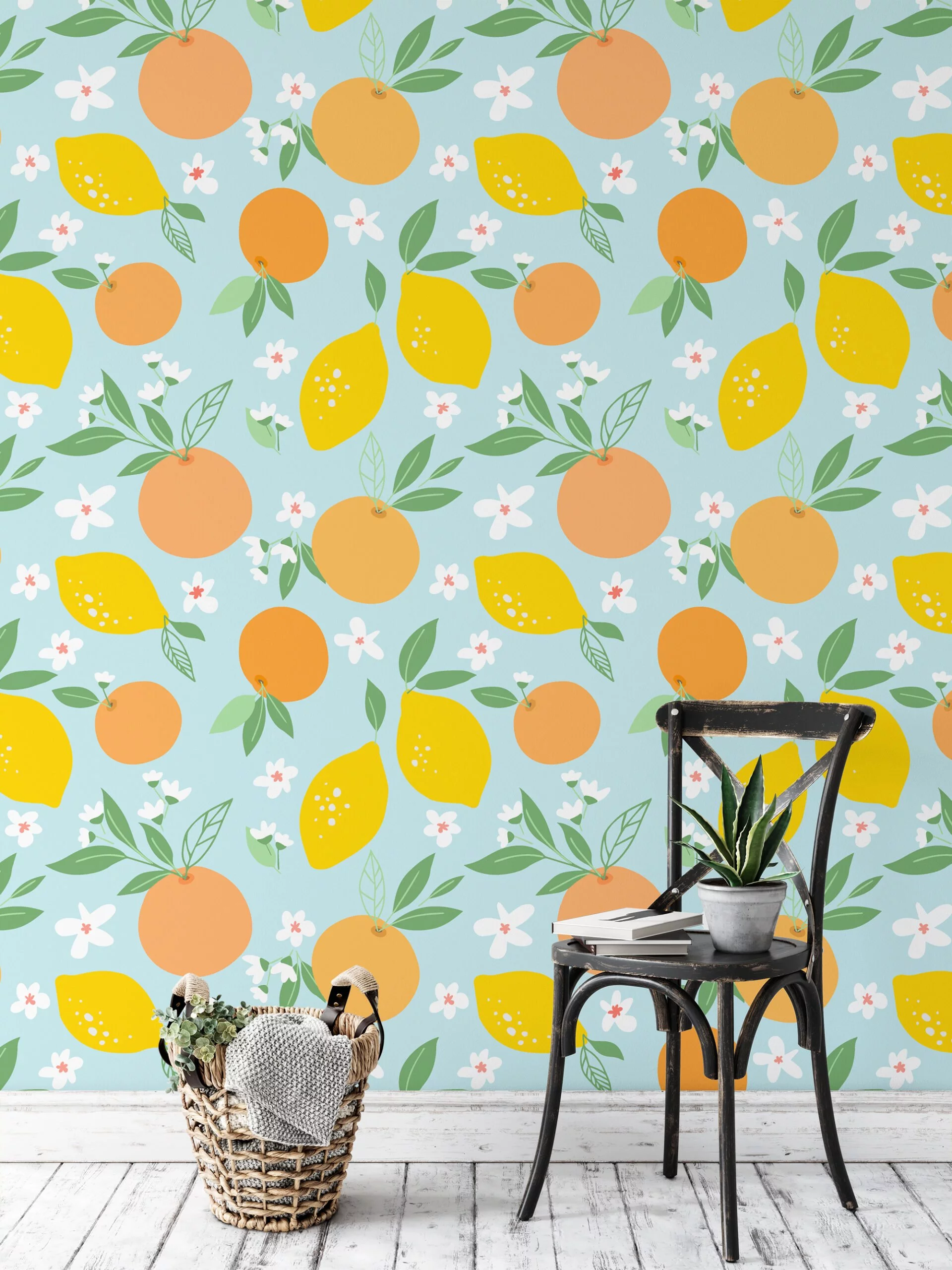 Floral Flat Art Design With Oranges And Lemons Illustration Wallpaper, Sunny Citrus Bloom Peel & Stick Wall Mural