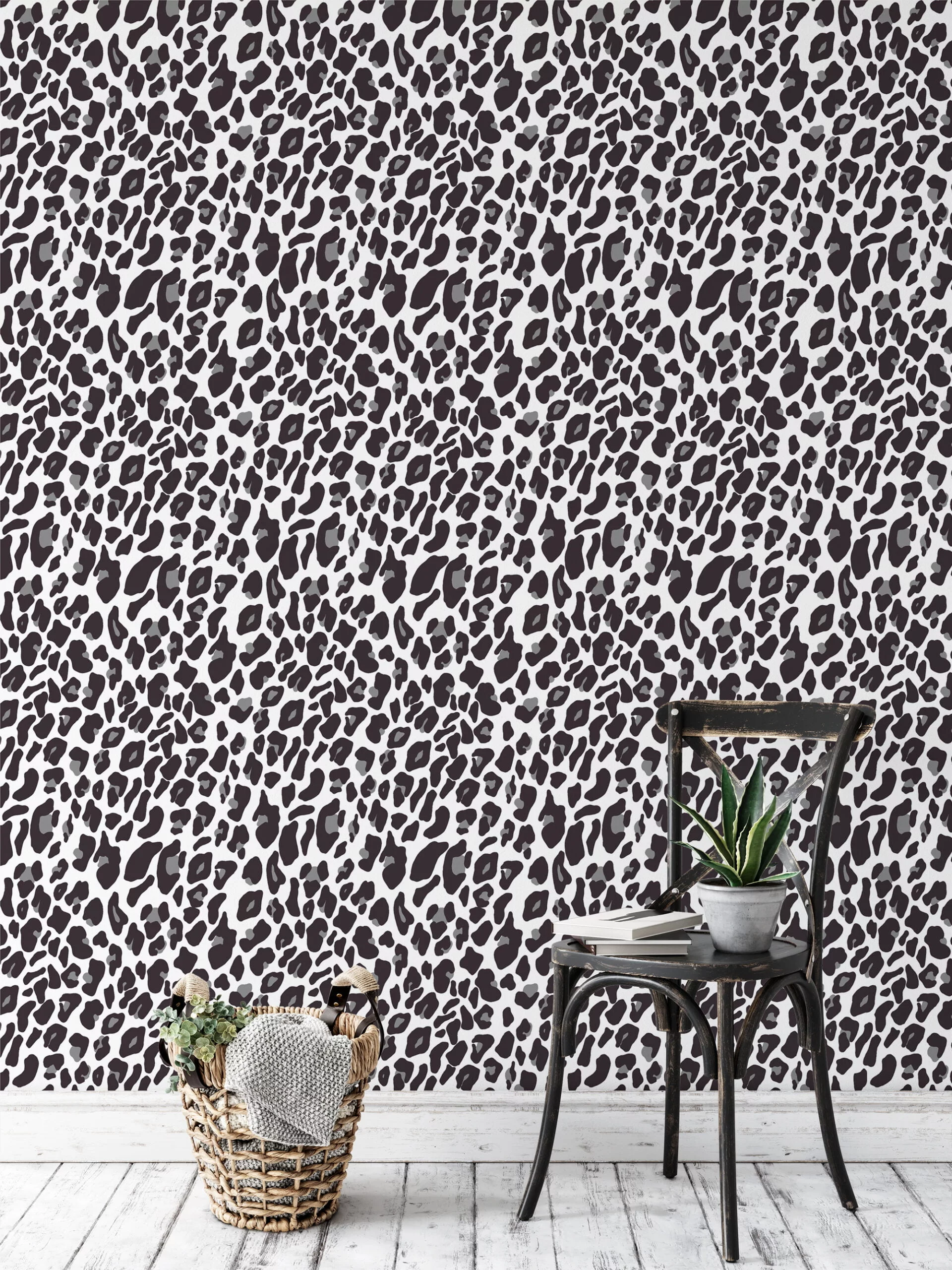 White Grey Leopard Jaguar Skin Pattern Illustration Wallpaper, Sleek Monochrome Leopard Spot Peel & Stick Wall Mural