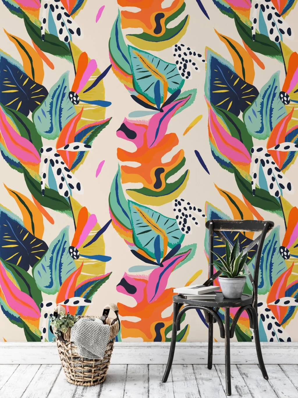 Abstract Colorful Leaves Wallpaper, Vibrant Tropical Contemporary Peel & Stick Wall Mural