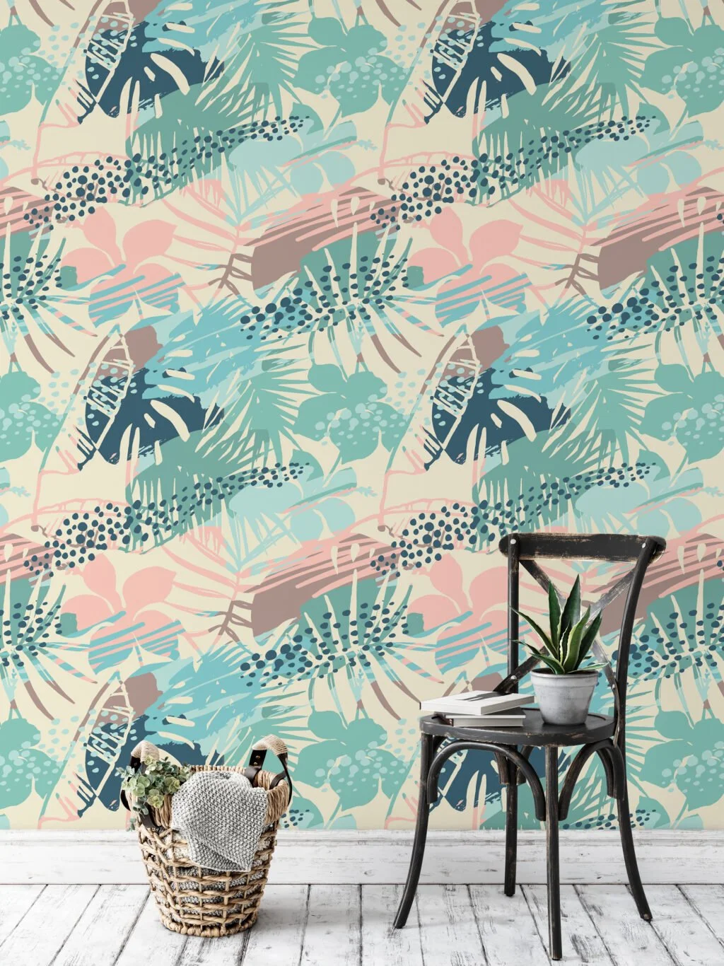 Summer Vibes Retro Colored Tropical Illustration Wallpaper, Soft Pastel Peel & Stick Wall Mural