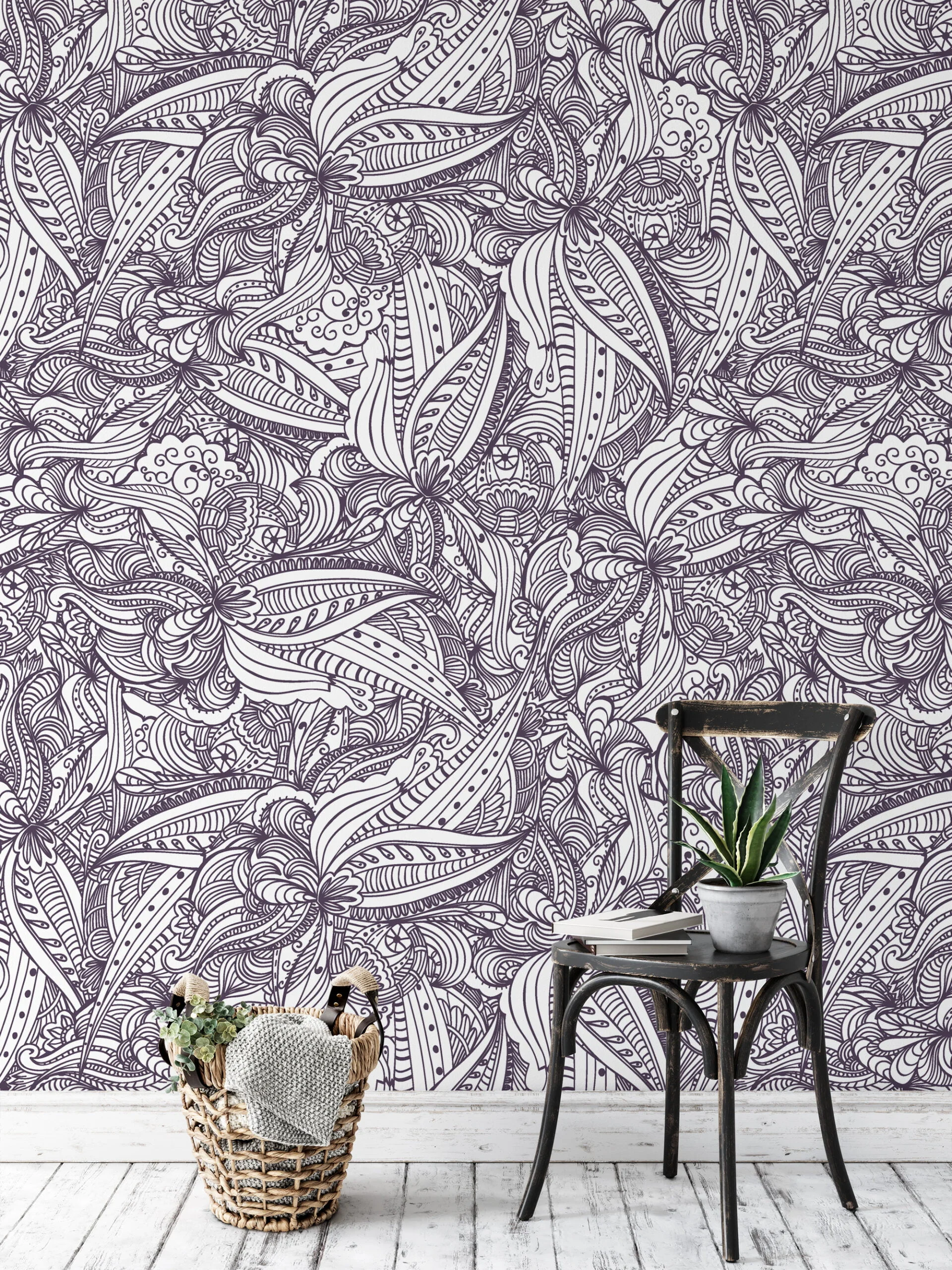 Classic Damask Style line Art Wallpaper, Monochrome Paisley Design Peel & Stick Wall Mural