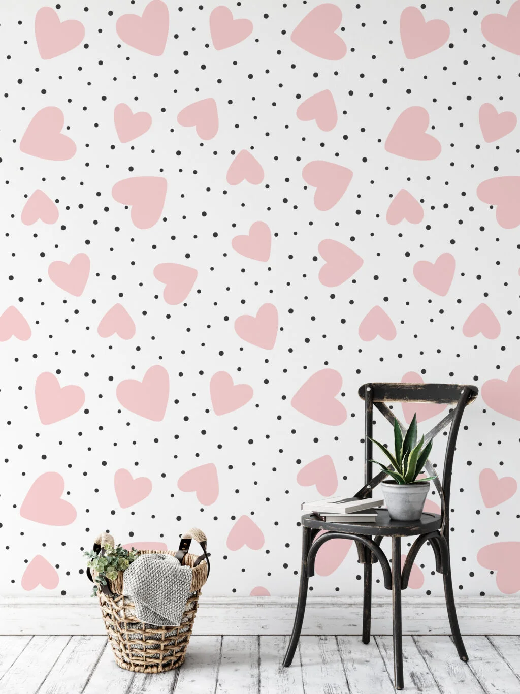 Simple Pink Hearts And Black Dots Illustration Wallpaper, Sweet Pink Hearts Nursery Peel & Stick Wall Mural