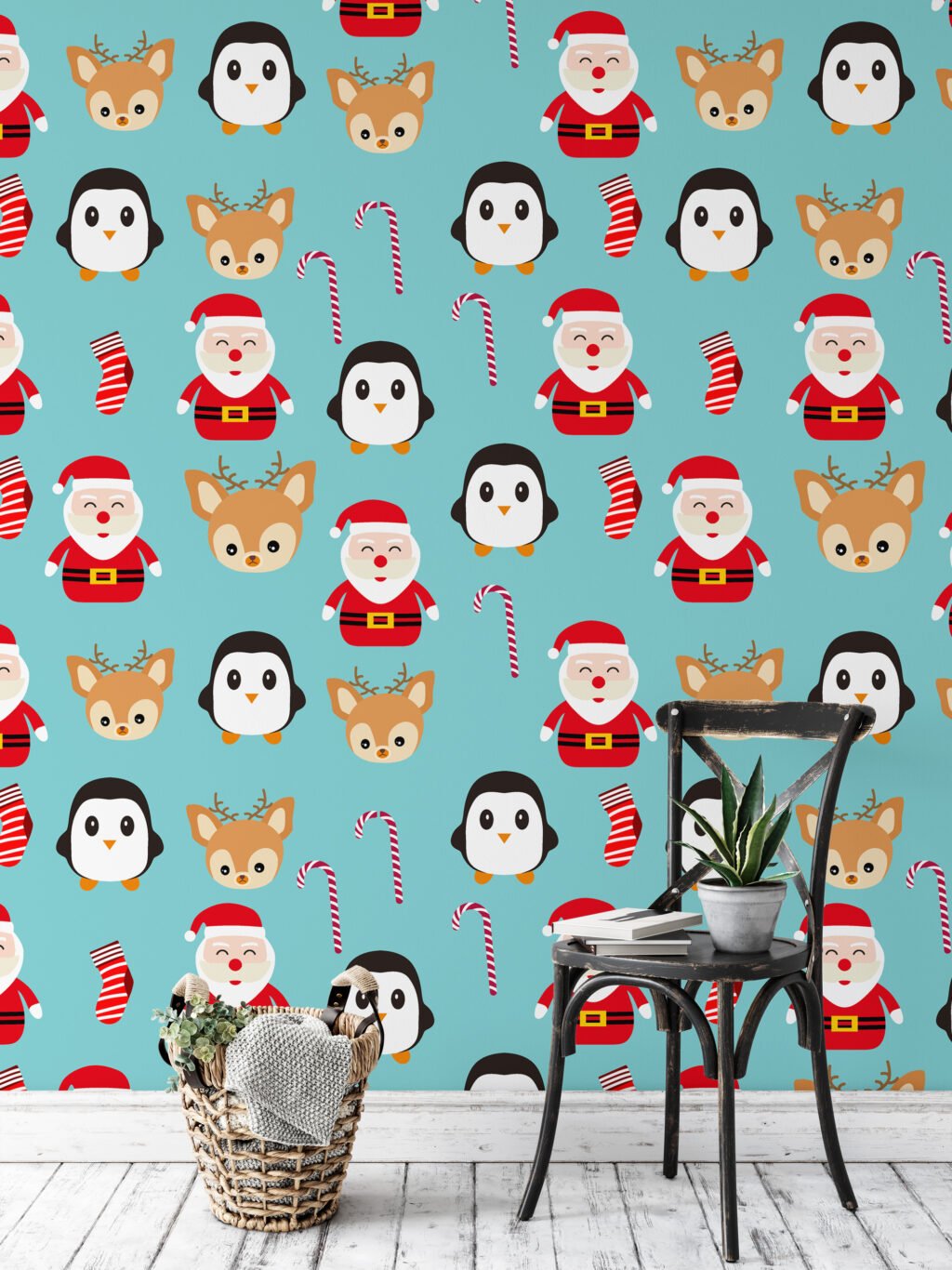 Christmas Themed Icons Illustration With Santa Claus Wallpaper, Cheerful Christmas Characters Peel & Stick Wall Mural