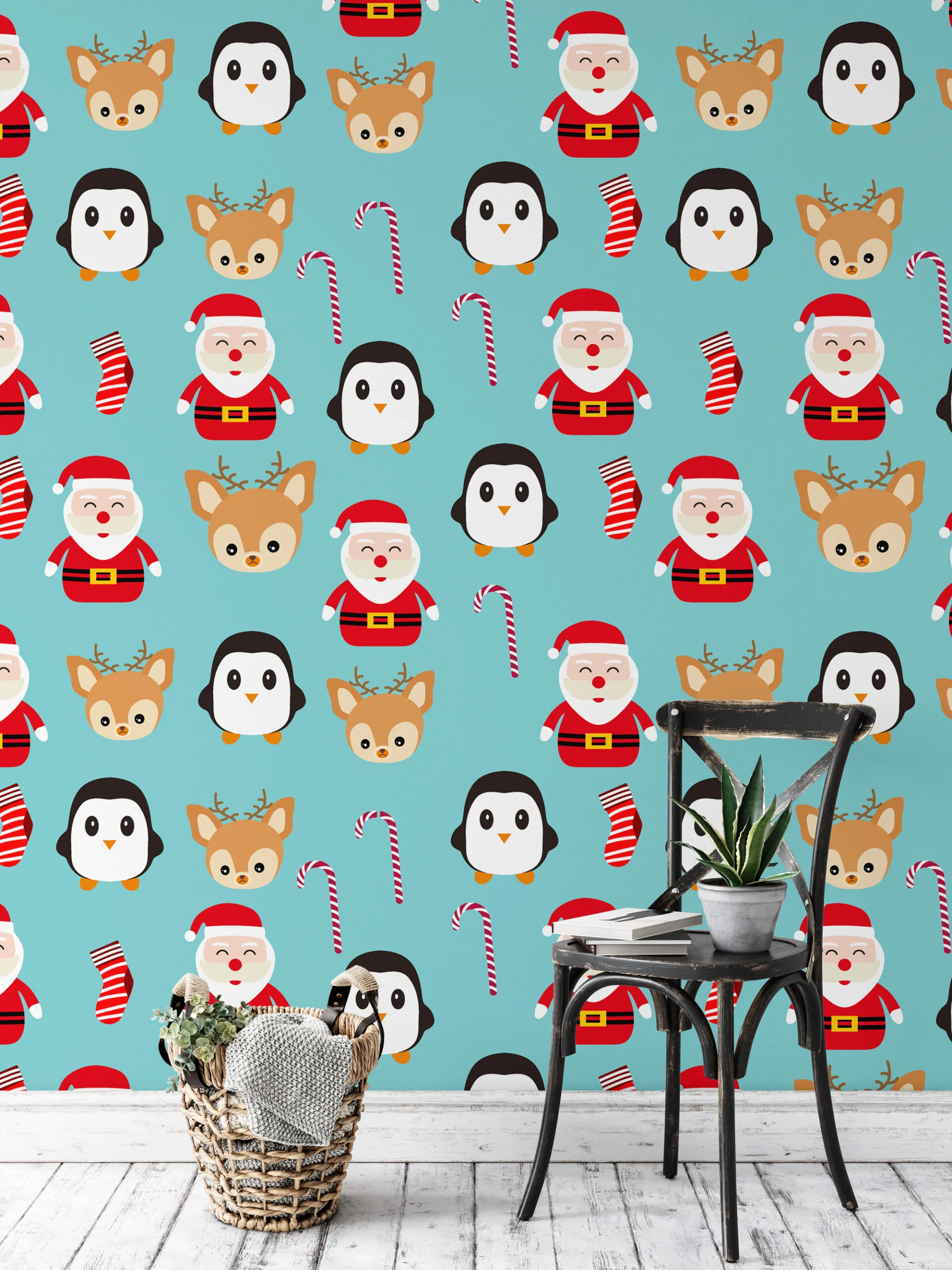Christmas Themed Icons Illustration With Santa Claus Wallpaper, Cheerful Christmas Characters Peel & Stick Wall Mural
