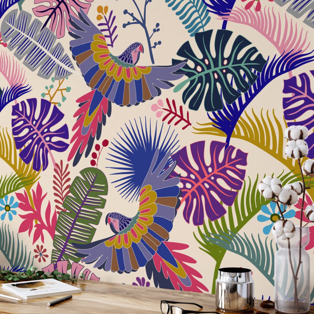 Colorful Tropical Illustration With Parrots Wallpaper, Vibrant Tropical Foliage Peel & Stick Wall Mural