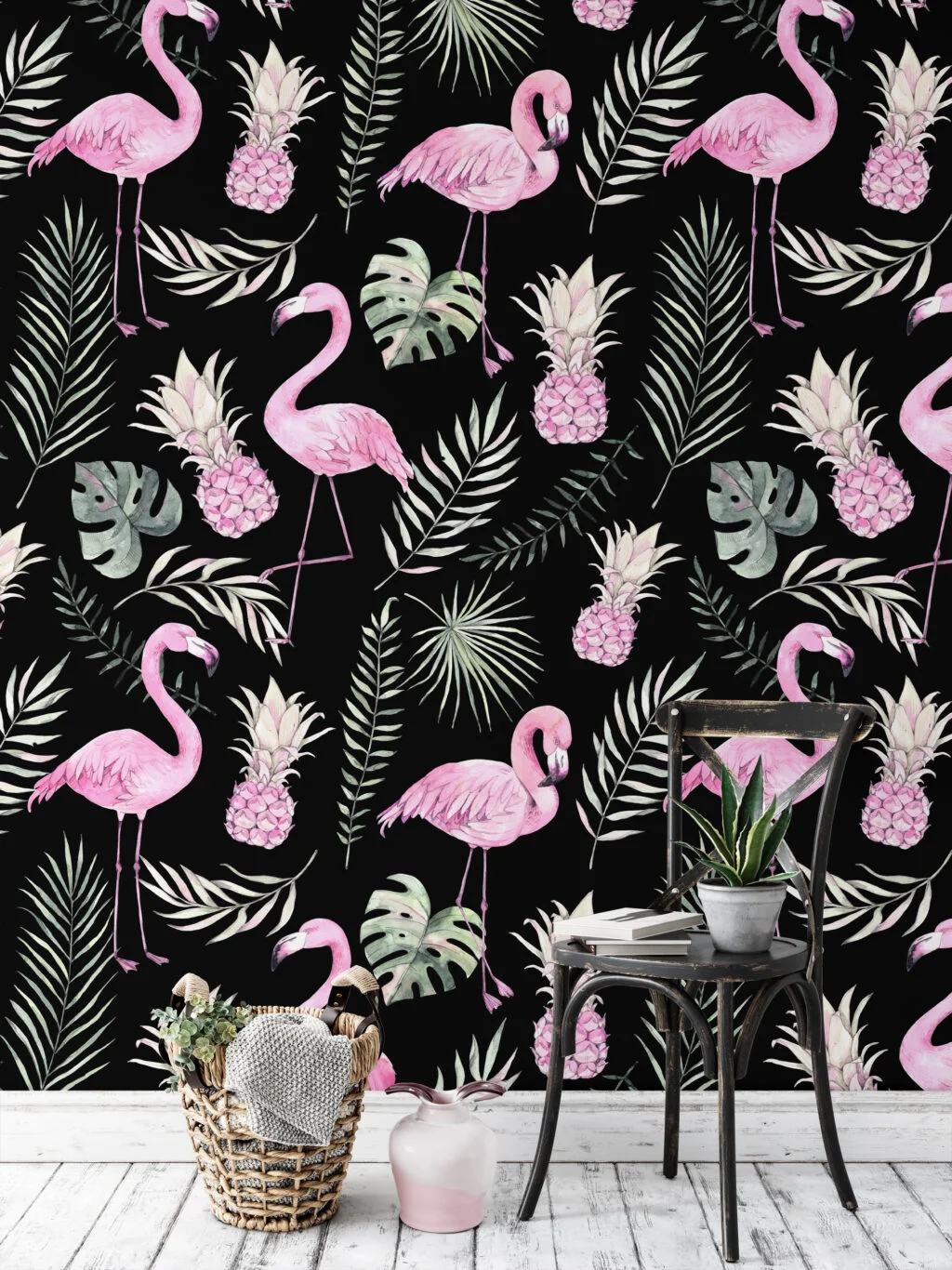 Watercolor Effect Pink Flamingos With Tropical Leaves Wallpaper, Elegant Tropical Peel & Stick Wall Mural