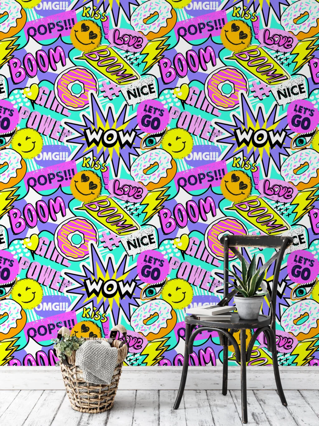 Retro Y2K Comic Chatbox Pattern Illustration Wallpaper, Playful Pop Art Peel & Stick Wall Mural