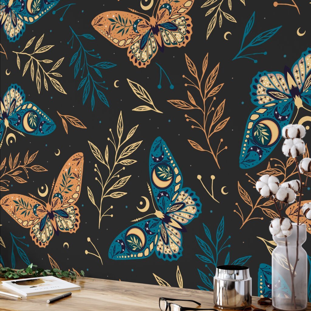 Mystic Floral Butterflies Flat Art Illustration Wallpaper, Enchanted Butterfly Garden Peel & Stick Wall Mural