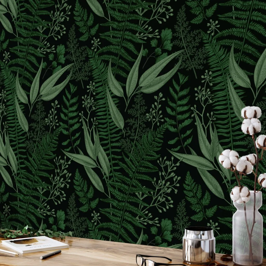 Dark Green Natural Leaves On A Black Background Wallpaper, Mystic Forest Leaves Peel & Stick Wall Mural