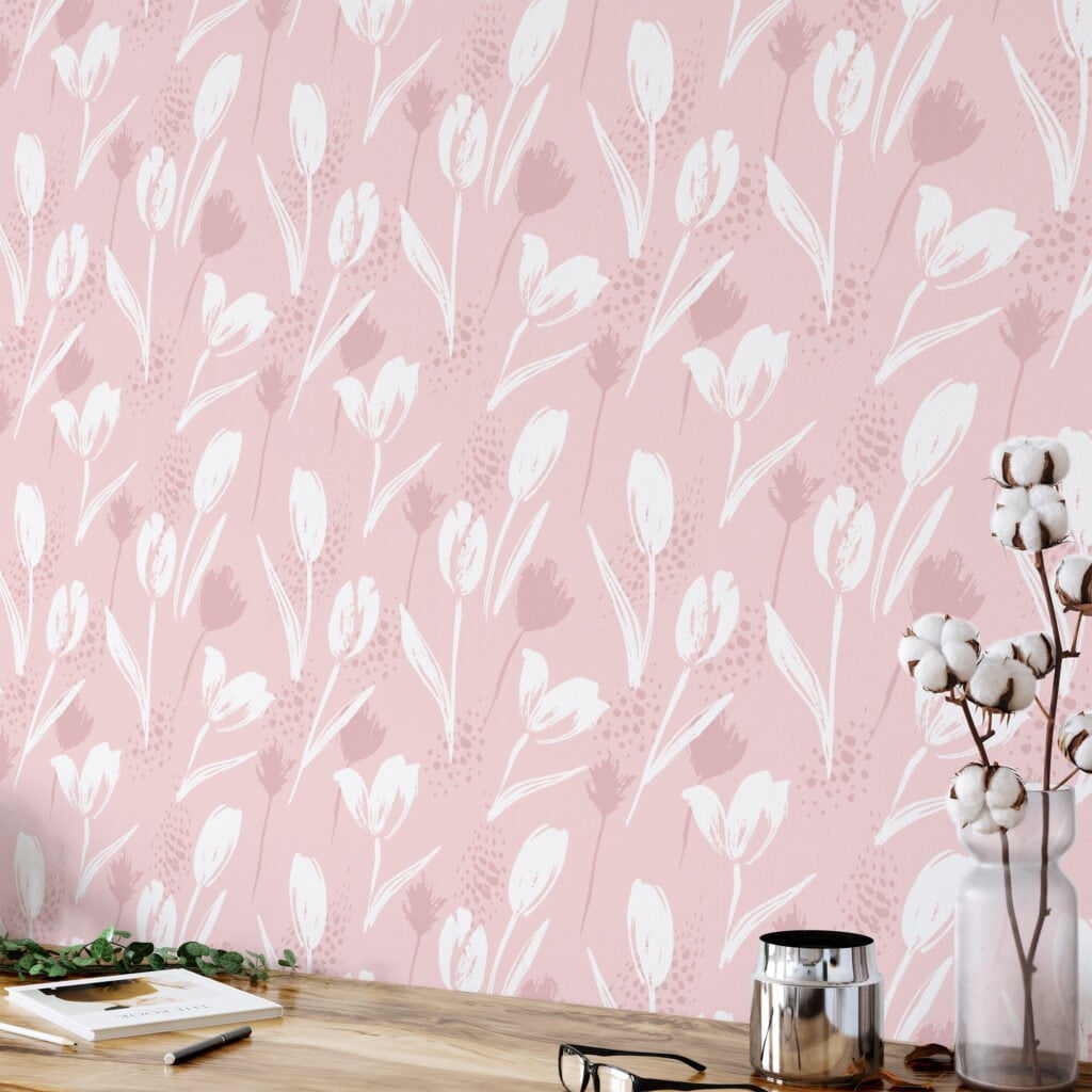 Pastel Tulips Illustration Wallpaper, Delicate Floral Elegant Peel & Stick Wall Mural