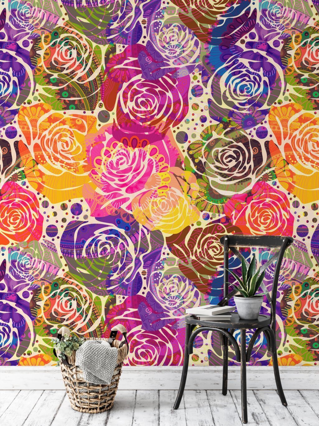 Abstract Colorful Roses Illustration Wallpaper, Vibrant Rose Collage Peel & Stick Wall Mural