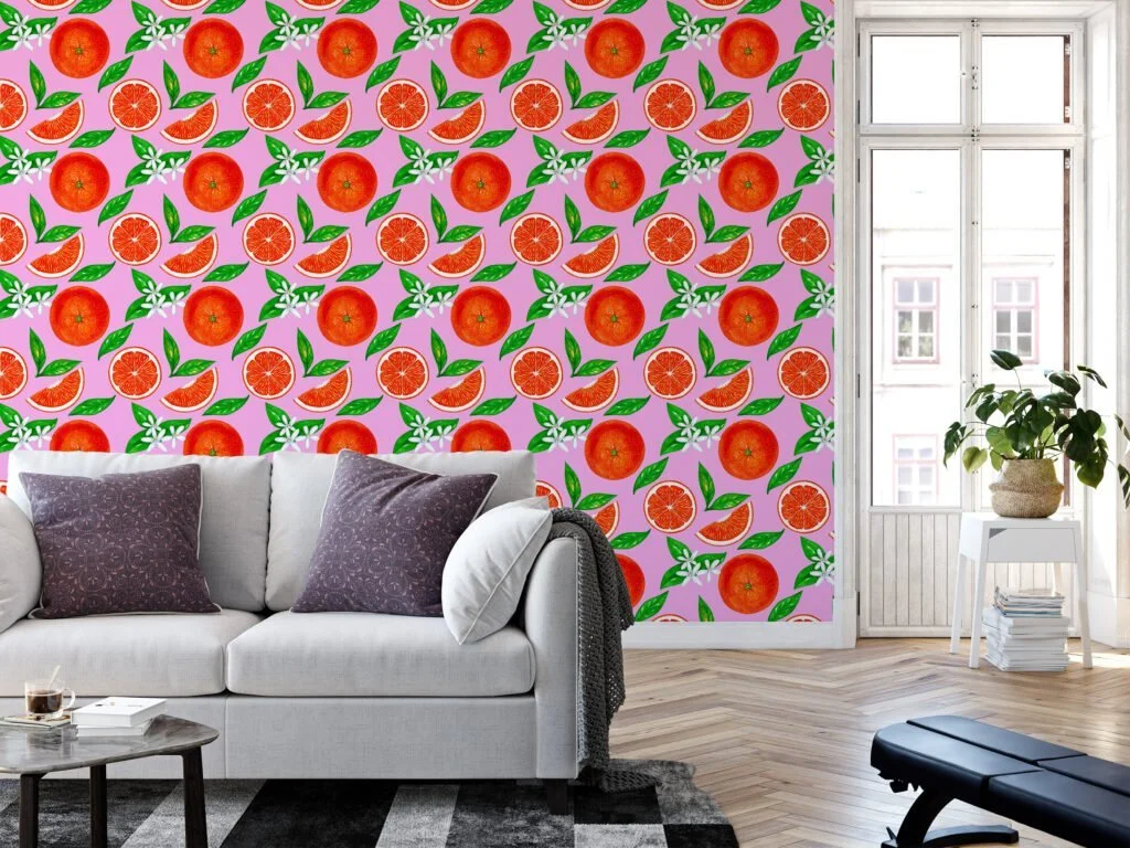 Bright Colored Oranges Drawing With Pink Background Wallpaper, Blooming Orange Citrus Peel & Stick Wall Mural