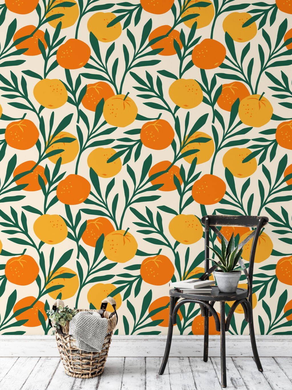 Flat Art Oranges Pattern Illustration Wallpaper, Lively Green Leaves with Citrus Peel & Stick Wall Mural